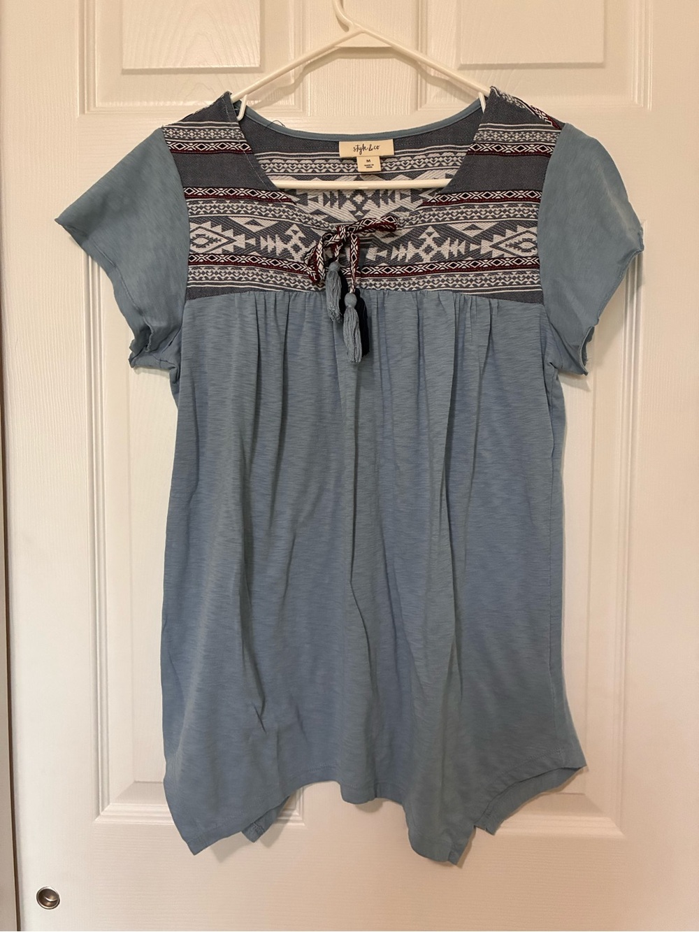 Style & Co Short Sleeve Top Shirt Tribal Aztec Bohemian Blue Women’s Sz M
